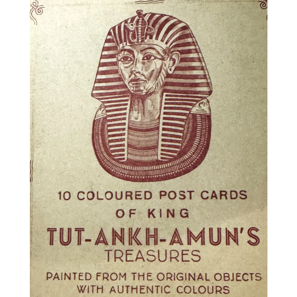 Red and white King Tutankhamun death mask illustration on postcard collection cover