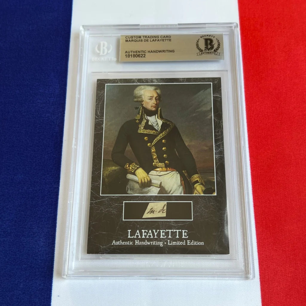 Custom trading card with Marquis de Lafayette handwritten word and French military theme