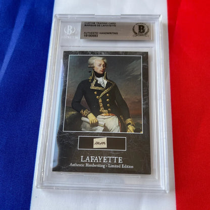 A rare lafayette custom trading card featuring the french military hero in black and gold uniform with handwritten word