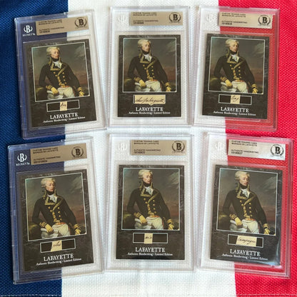 Six graded trading cards featuring a handwritten word from French military hero Lafayette