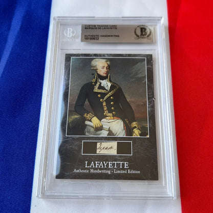 Black custom trading card featuring rare lafayette handwritten word and portrait of french military hero encased in slab