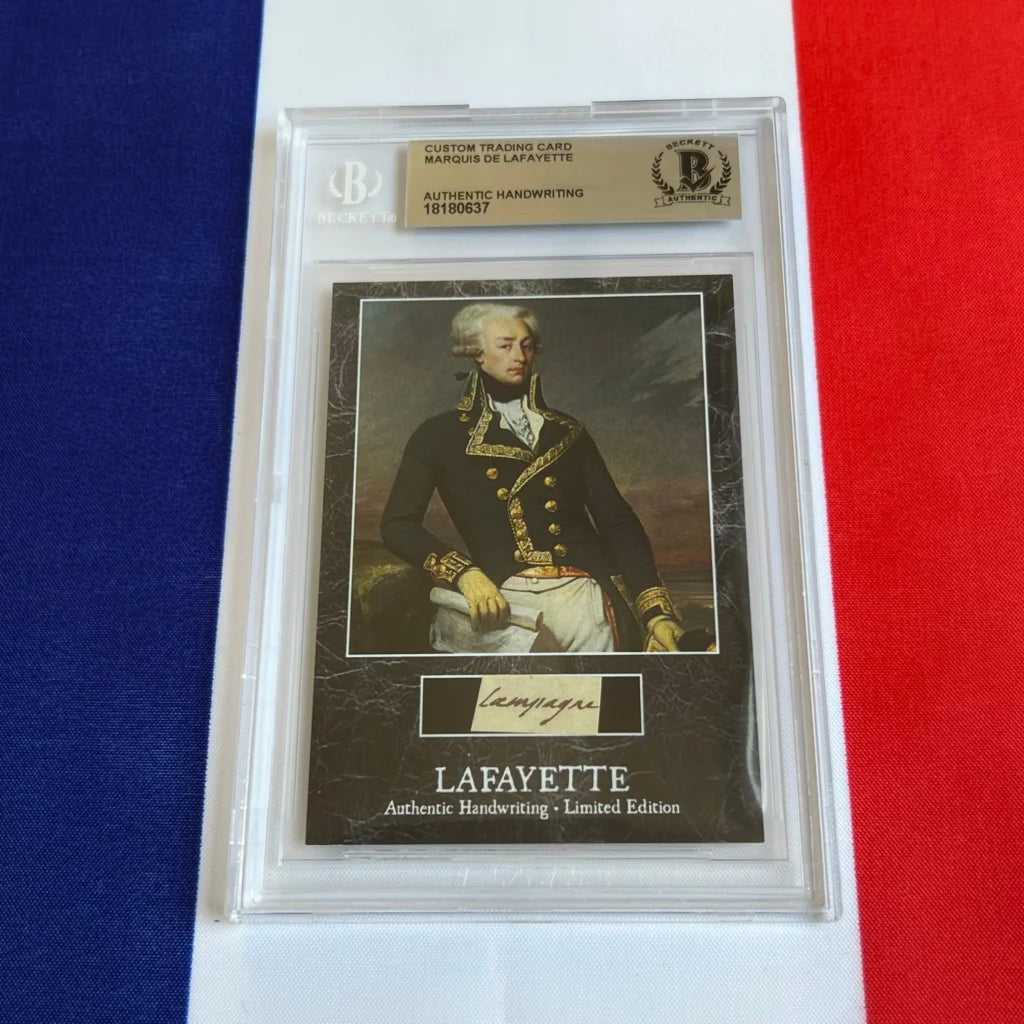 Graded trading card with Marquis de Lafayette’s portrait and authentic handwritten word