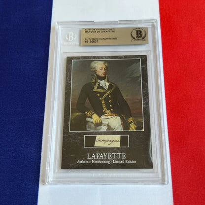 Graded trading card with Marquis de Lafayette’s portrait and authentic handwritten word