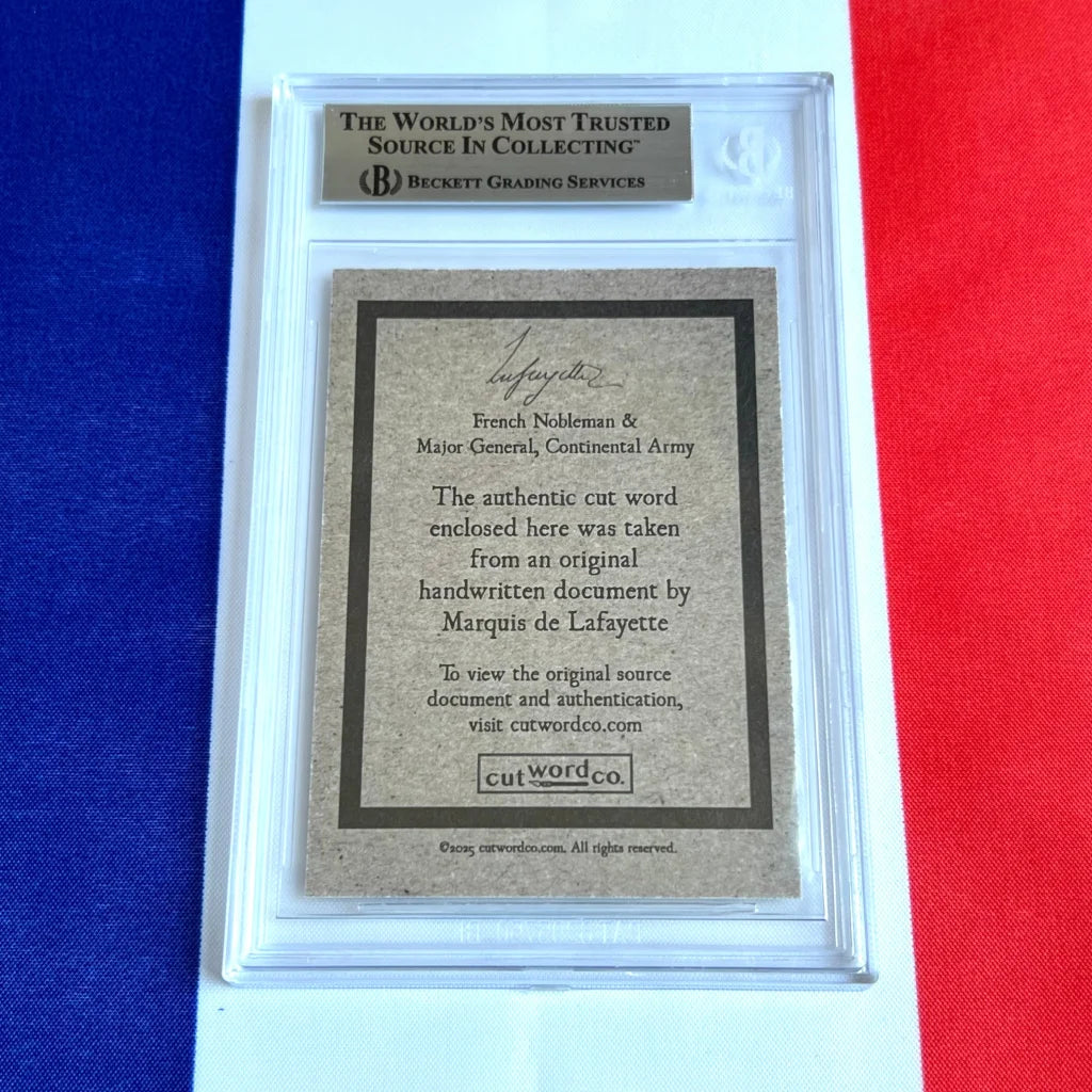 Clear plastic slab with authentic handwritten word from Marquis de Lafayette French military hero