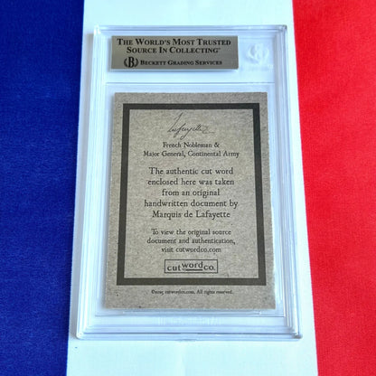 Clear plastic slab with authentic handwritten word from Marquis de Lafayette French military hero