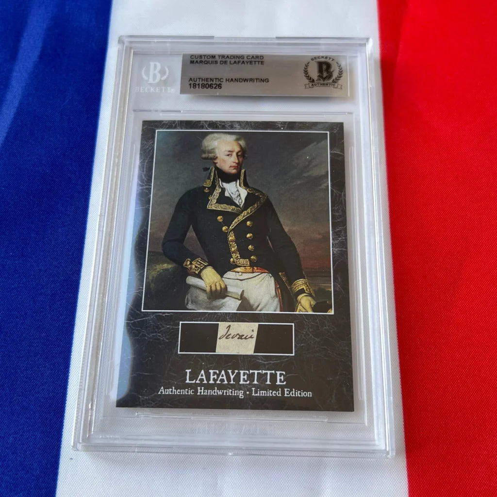 Rare lafayette custom trading card featuring french military hero in navy blue gold-trim coat encased in clear protective slab