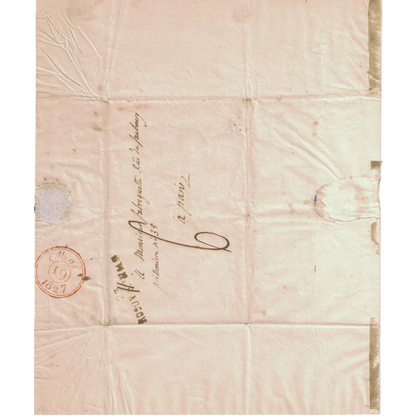 Aged handwritten word on light paper with French military stamp, perfect for dropdown menu