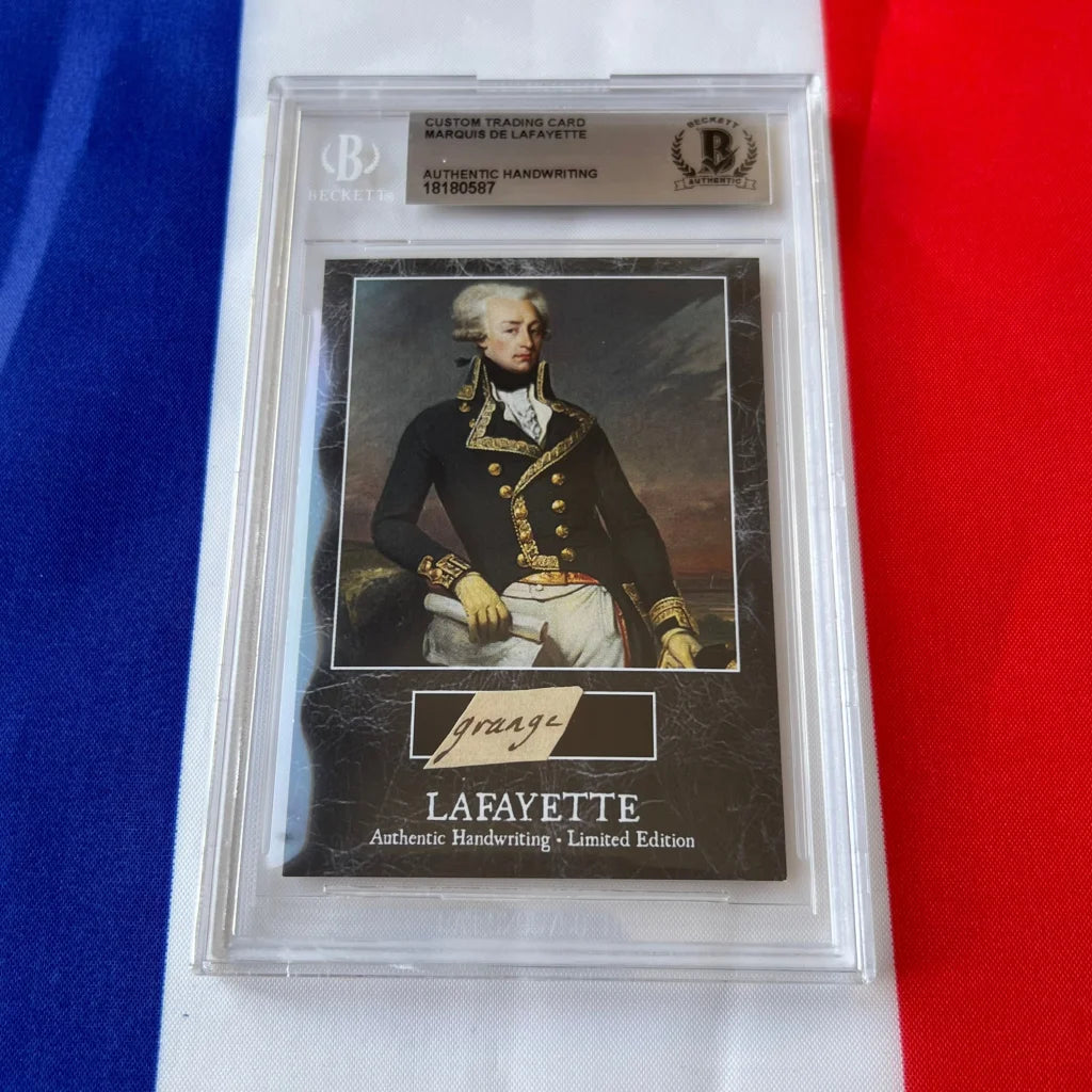 A rare Lafayette custom trading card with portrait in dark blue military coat encased in clear protective slab
