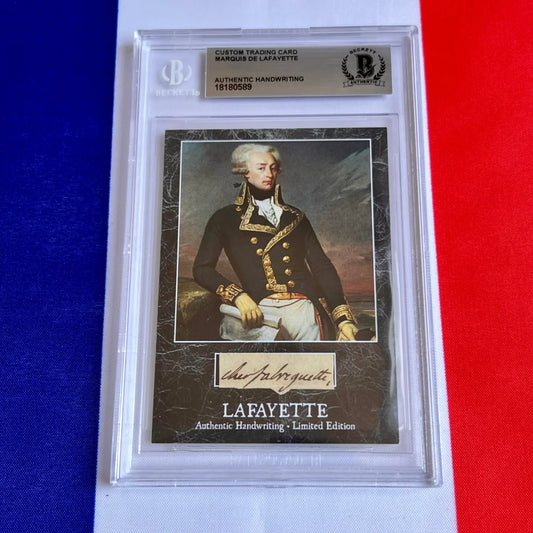 Graded trading card with Marquis de Lafayette’s handwritten word from French military hero