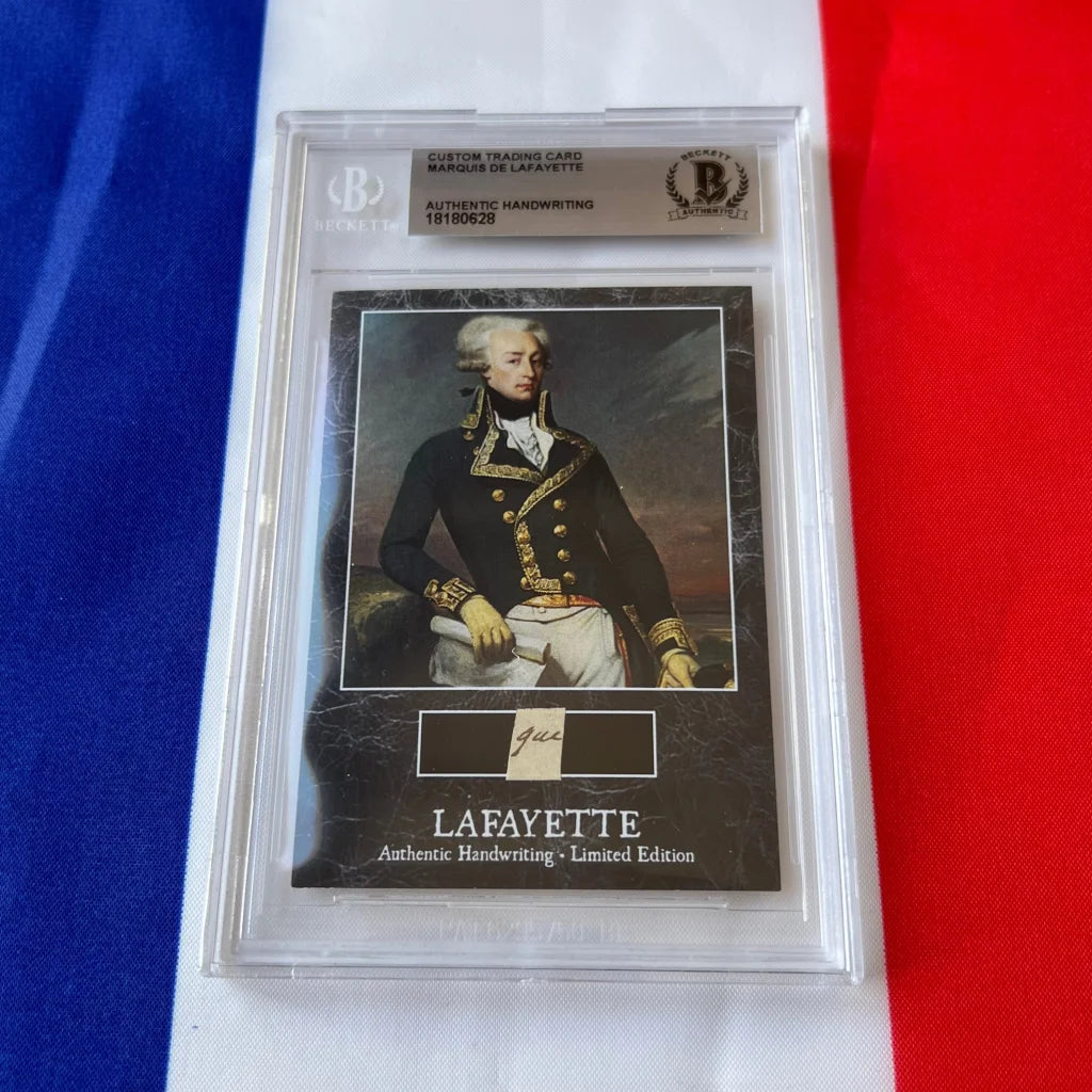 Black custom trading card of rare Lafayette in ornate navy coat with gold trim encased in clear slab for handwritten word