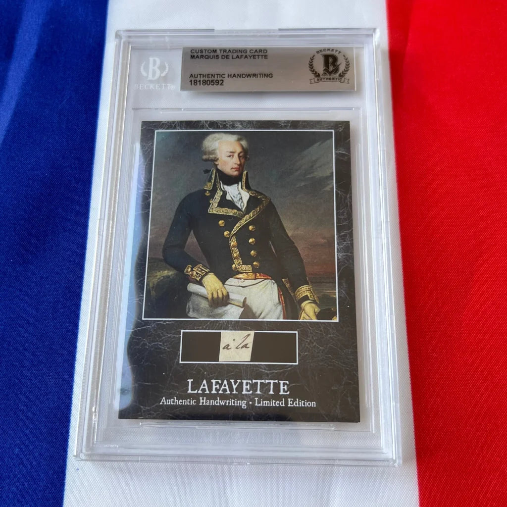 A black custom trading card featuring marquis de lafayette in a navy blue coat encased in a clear slab for rare lafayette handwritten word collectors
