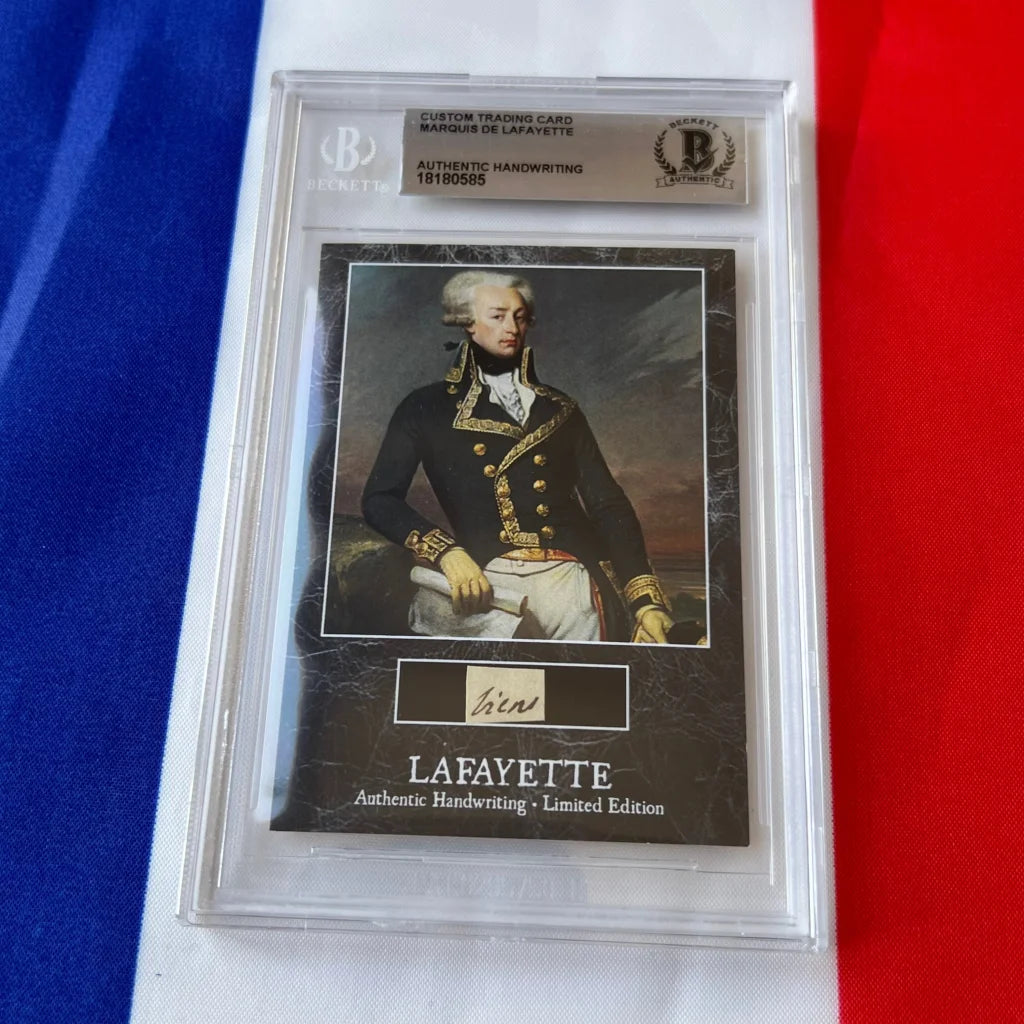 Rare lafayette black custom trading card featuring french military hero portrait with handwritten word in clear protective slab