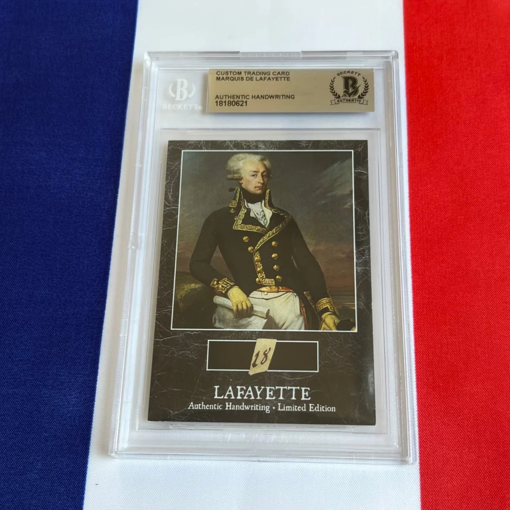 Graded trading card with Lafayette’s portrait and handwritten word from French military