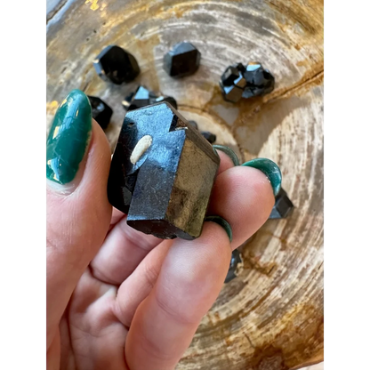Hand holding rare melanite garnet crystal from Kayes Region, Mali