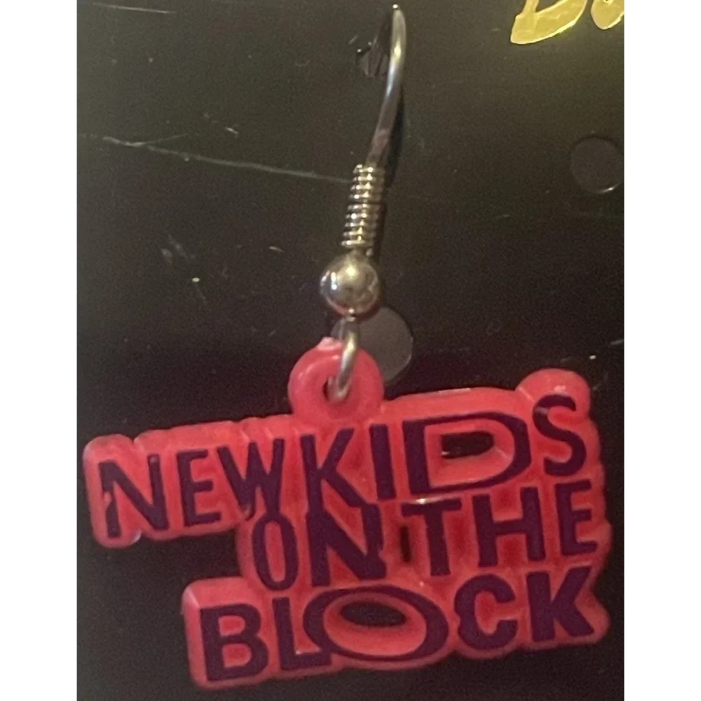 Red earrings with New Kids on the Block text, perfect antique gifts from Boston Tour