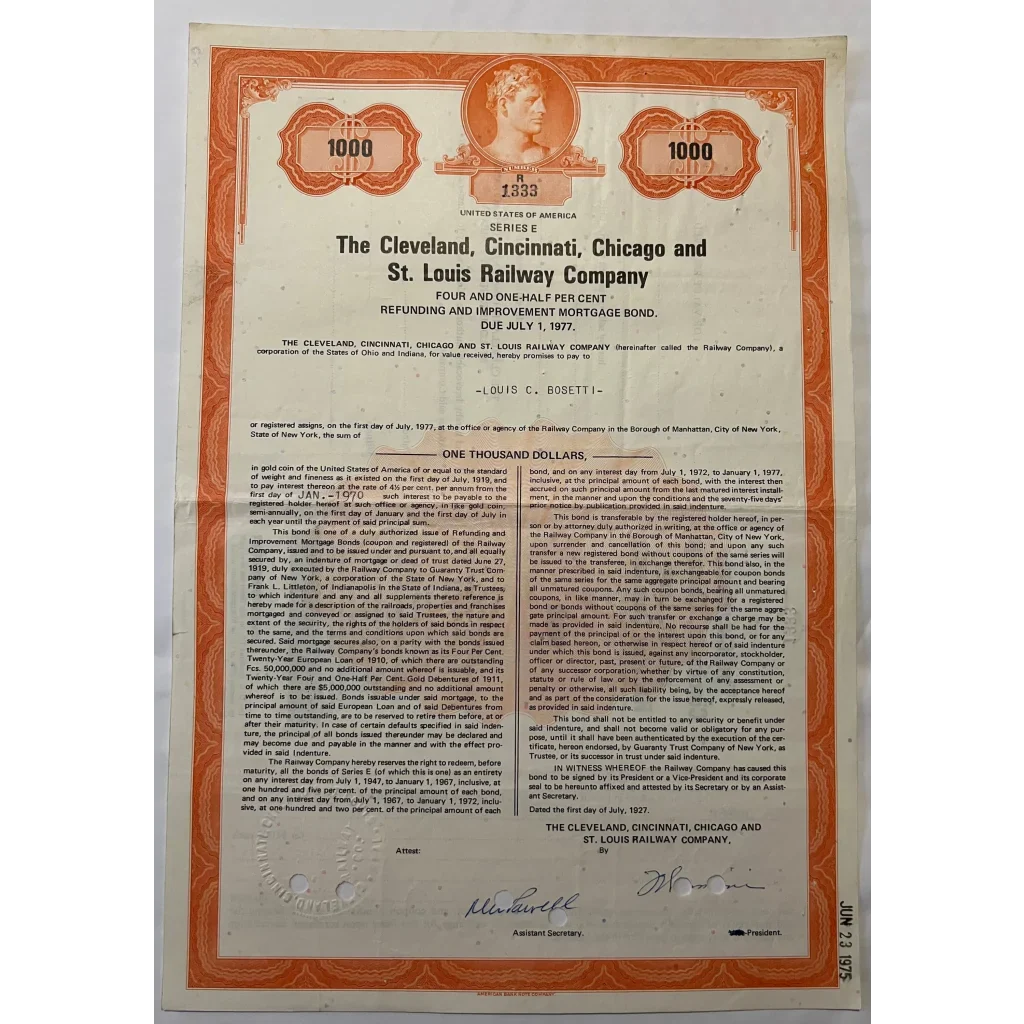 Stock certificate of the Cleveland Cincinnati Chicago Railway Company bond certificate from 1927