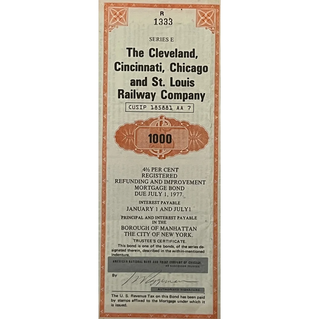 Railway bond certificate from Cleveland Cincinnati Chicago Railway Company, 1937