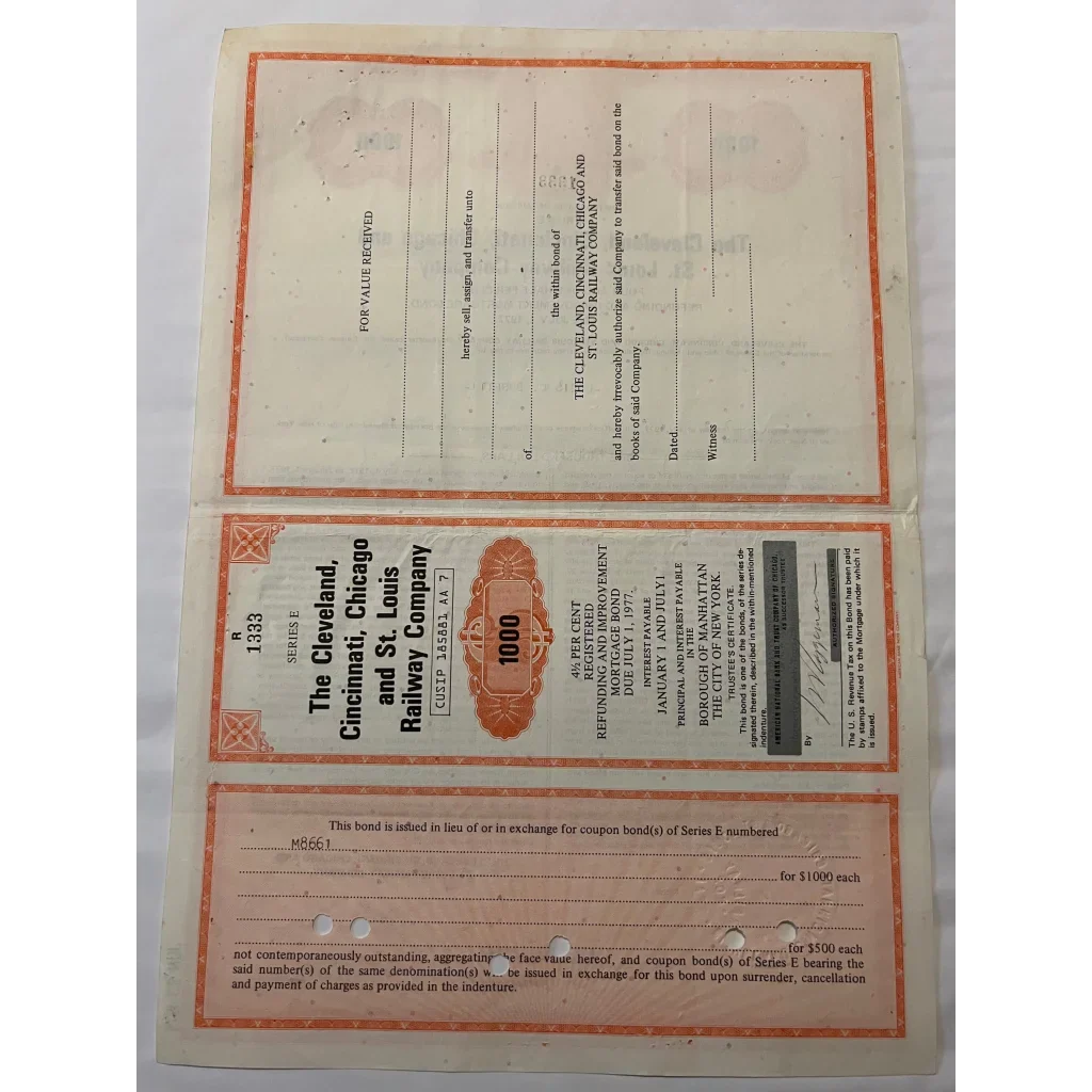 Vintage 1927 Cleveland Cincinnati Chicago Railway bond certificate with orange borders