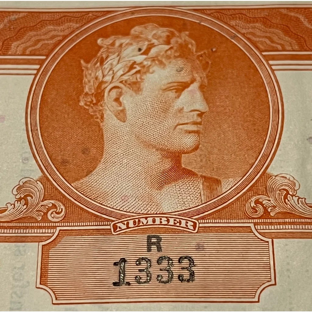 Engraved male bust on orange Cleveland Cincinnati Chicago Bond Certificate with NUMBER R 1333