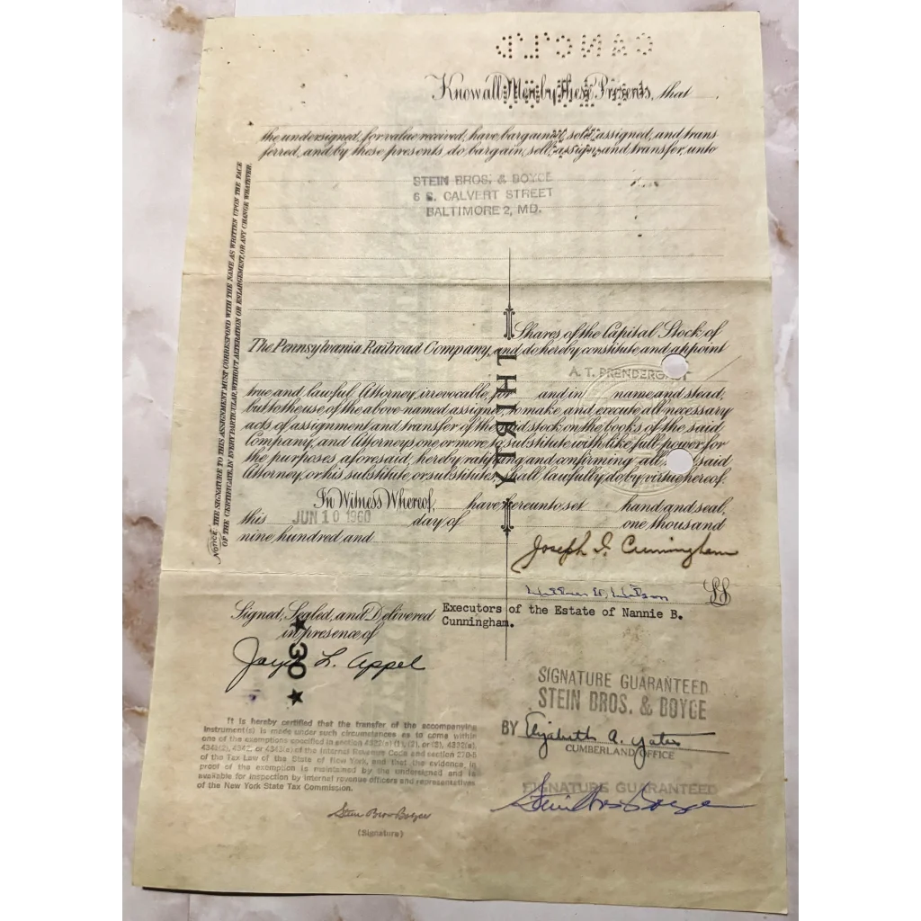 Vintage Pennsylvania Railroad Stock Certificate from the 1950s with signatures and stamps