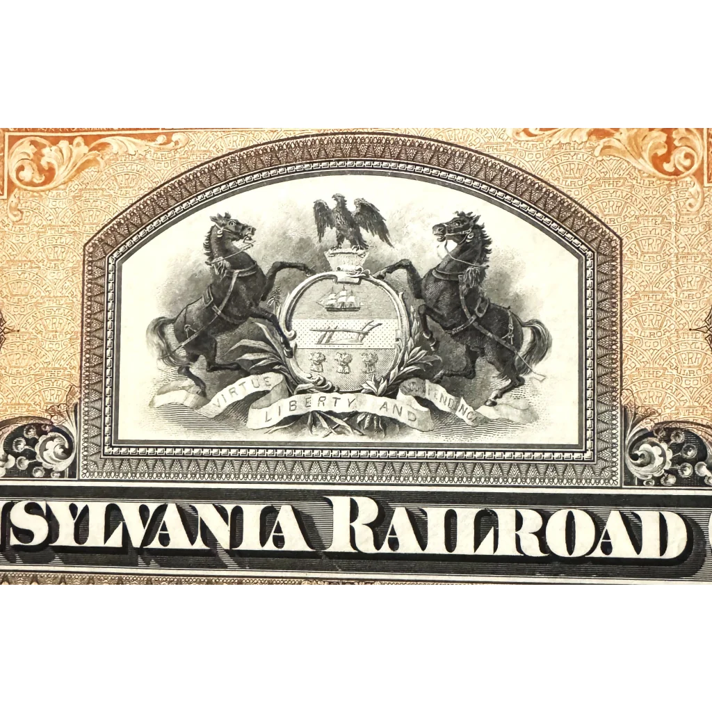 Ornate vignette of rearing horses and eagle on a 1950s Pennsylvania Railroad stock certificate