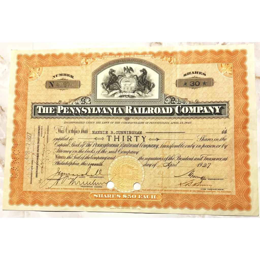 Vintage 1950s Pennsylvania Railroad stock certificate showcasing its classic orange design