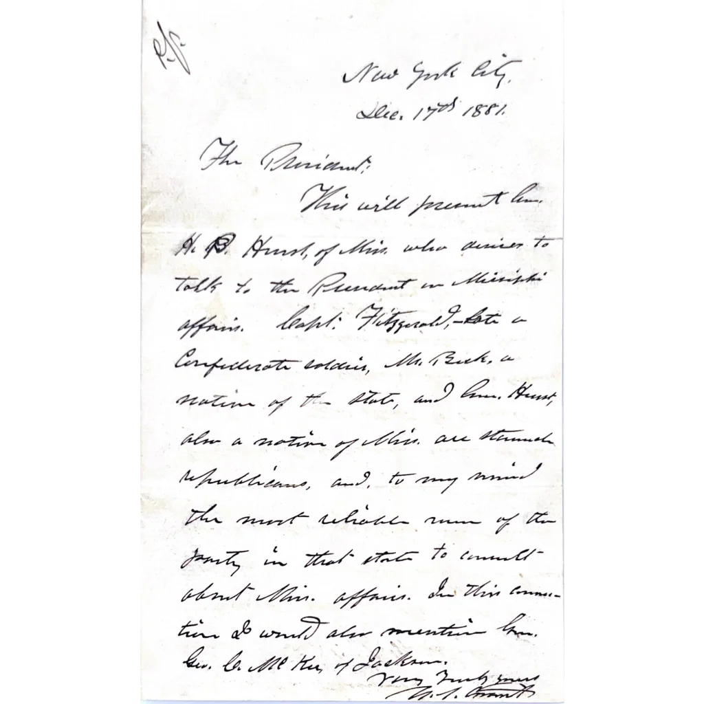Handwritten letter on aged paper from the Rare President Chester Arthur Era Ulysses Grant Autograph Cards collection