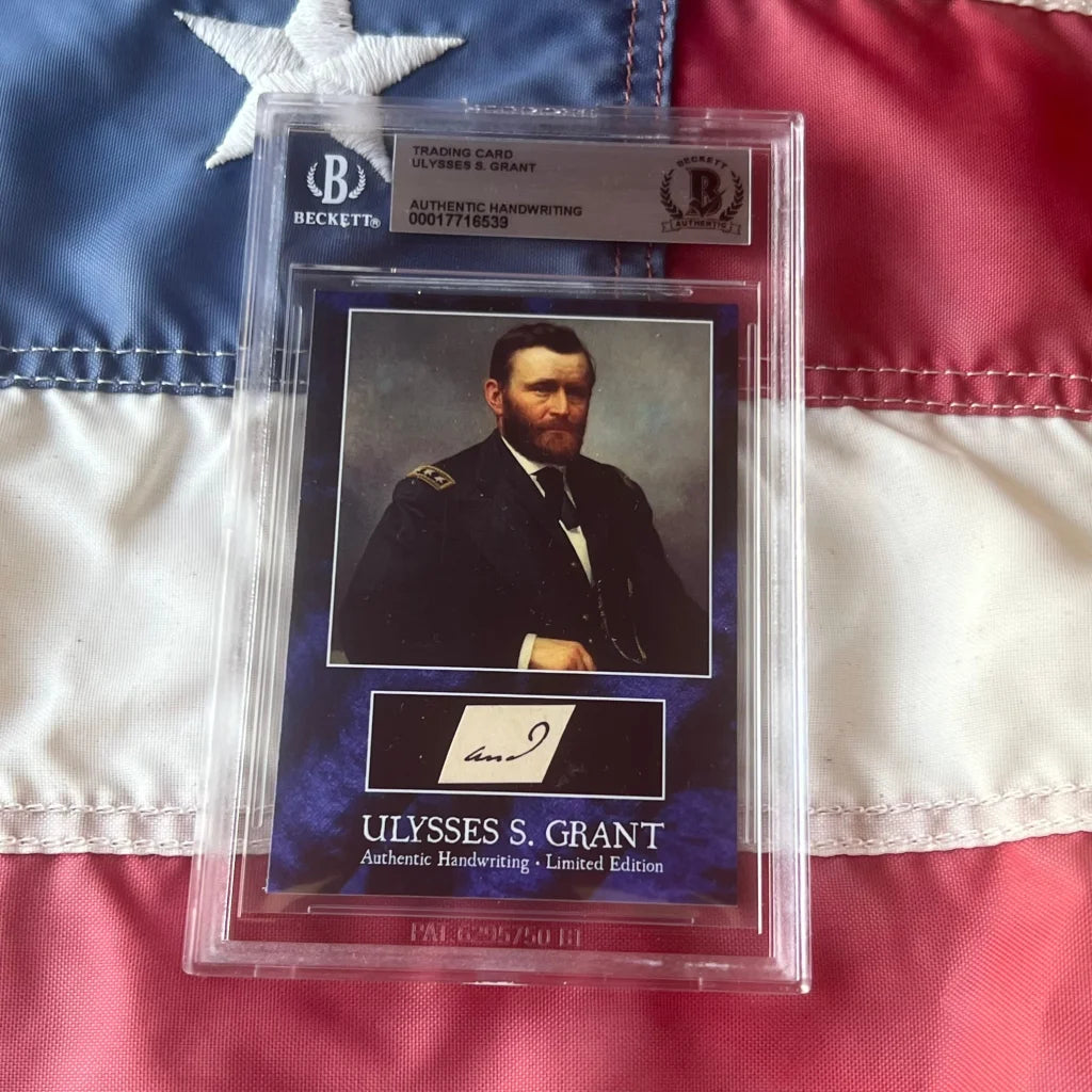 Graded Ulysses S Grant trading card with portrait and authentic handwriting swatch, president chester arthur era