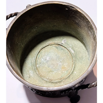 Weathered bronze pot with twisted handles from rare Qing Dynasty handmade bronze censers