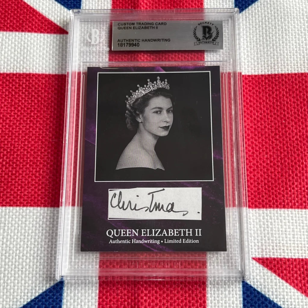 A graded trading card of Queen Elizabeth II with her handwritten signature and portrait