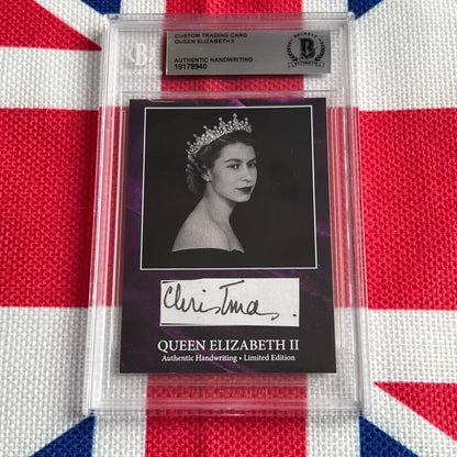 A graded trading card of Queen Elizabeth II with her handwritten signature and portrait