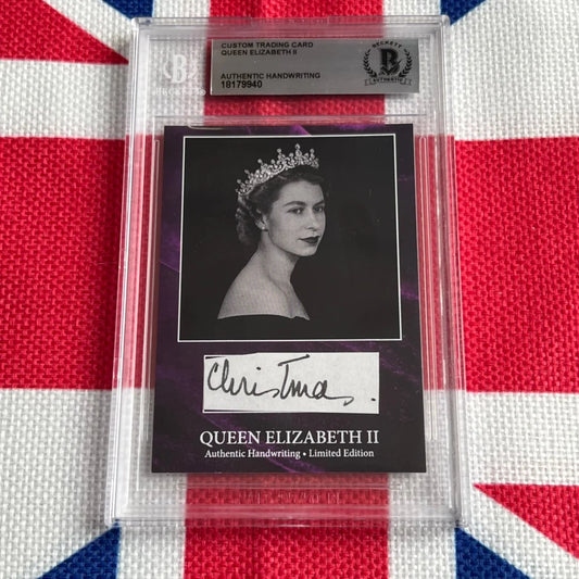 A graded trading card of Queen Elizabeth II with her handwritten signature and portrait