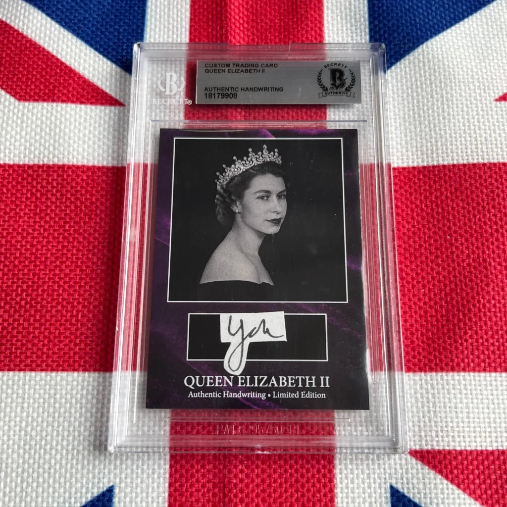 A graded trading card of Queen Elizabeth II with handwritten words and portrait image