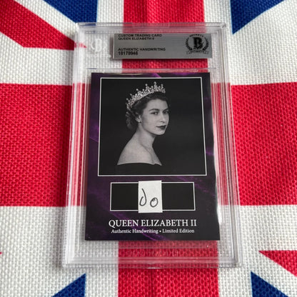 Graded Queen Elizabeth II trading card with black and white portrait and handwritten words