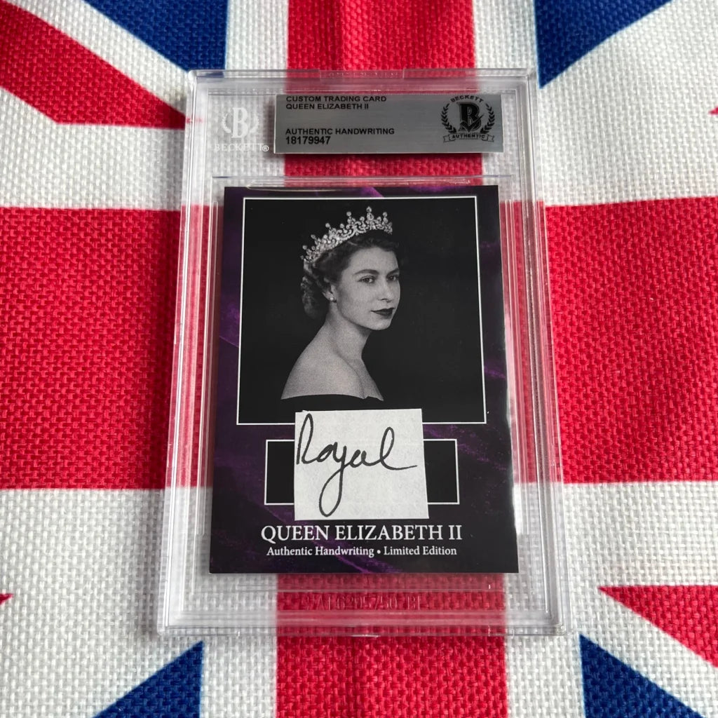 Graded trading card with Queen Elizabeth II’s authentic handwritten words, British monarch