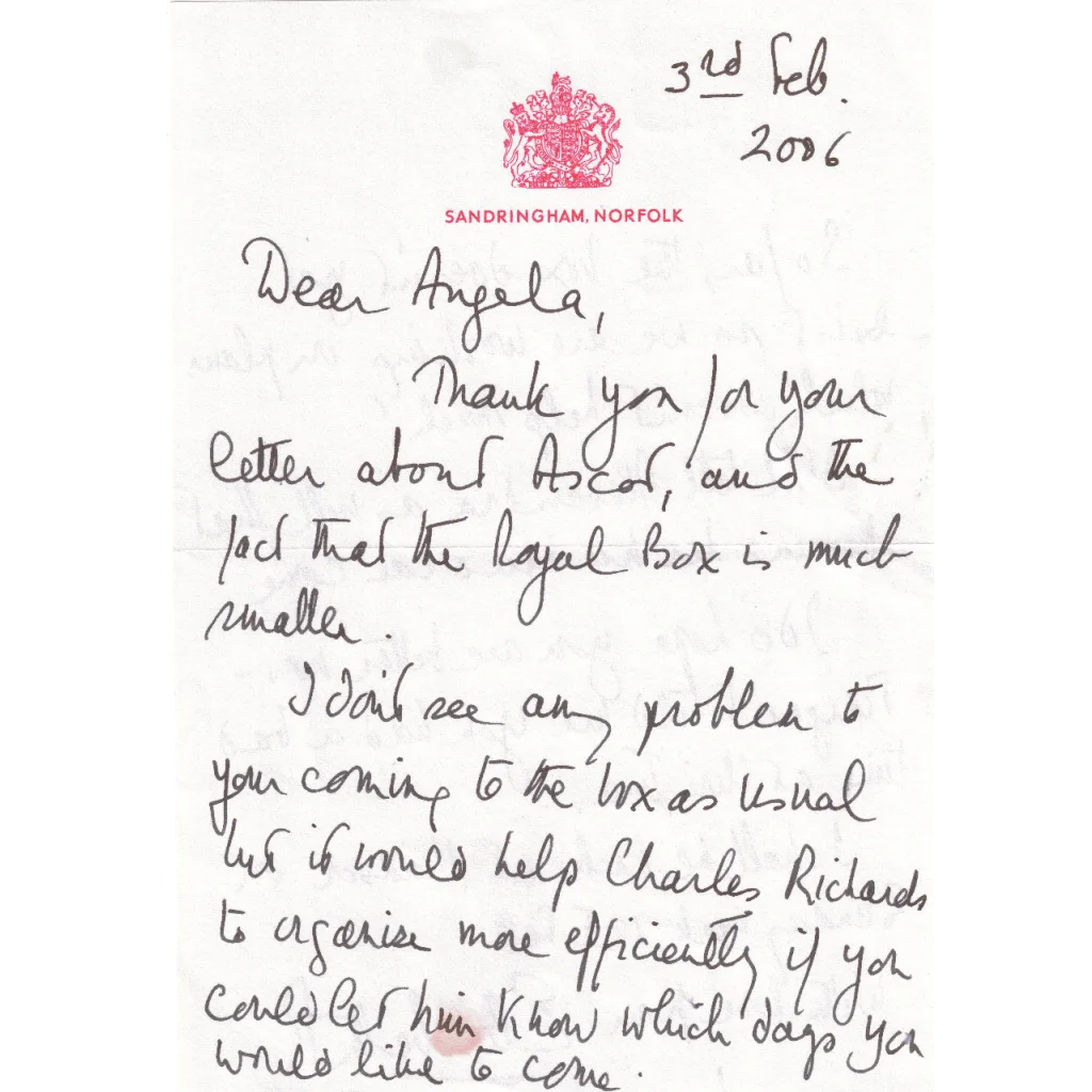 Handwritten letter on official stationery with Elizabeth II words from British monarch