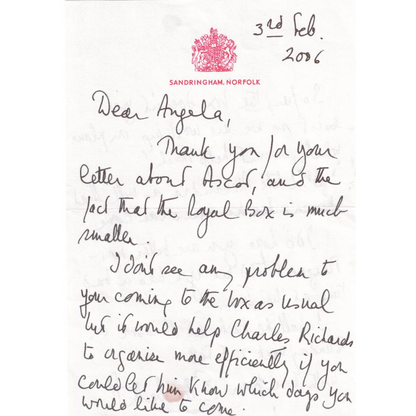 Handwritten letter on official stationery with Elizabeth II words from British monarch