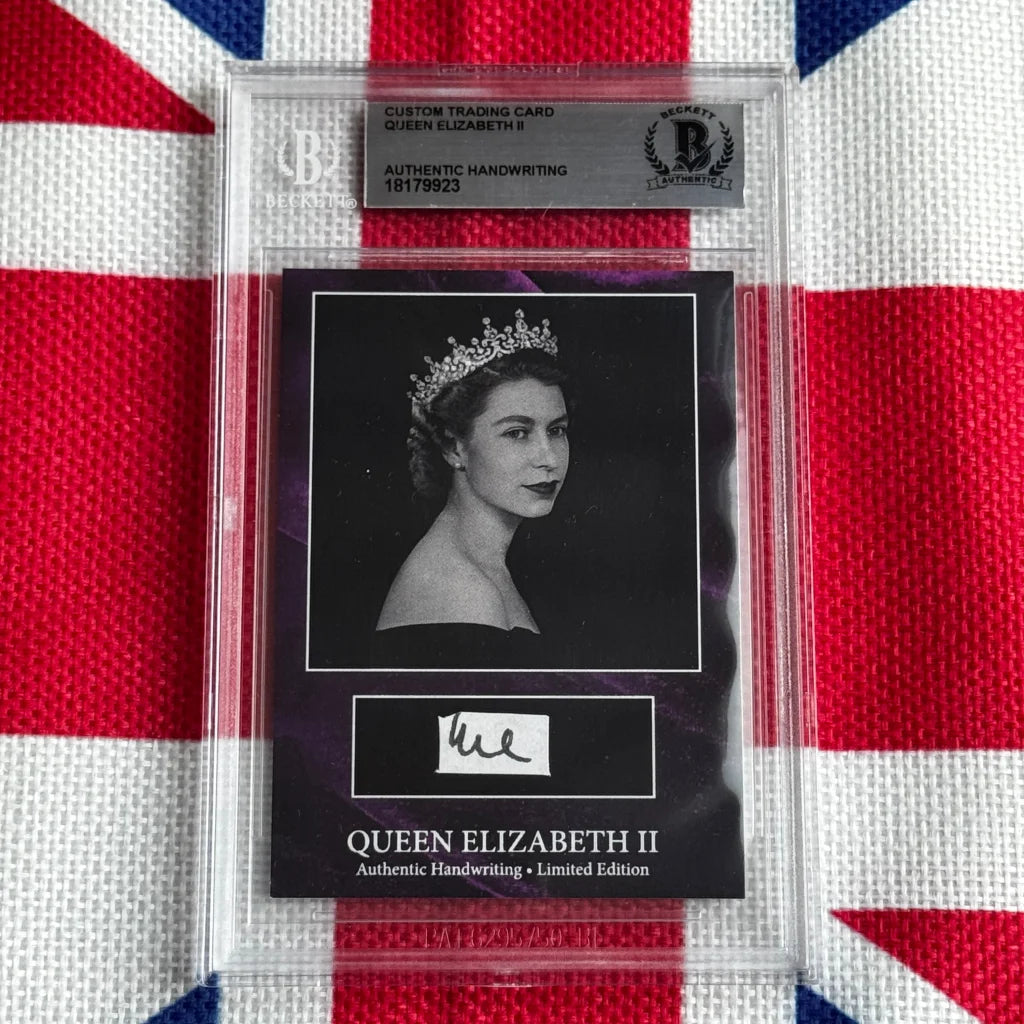Rare Queen Elizabeth II handwritten words trading card with black and white portrait and autograph