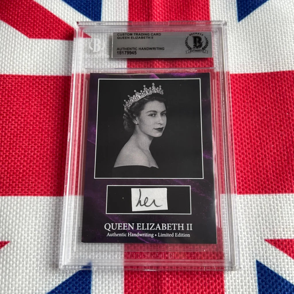 Beckett-authenticated Queen Elizabeth II trading card with black and white portrait and handwritten words