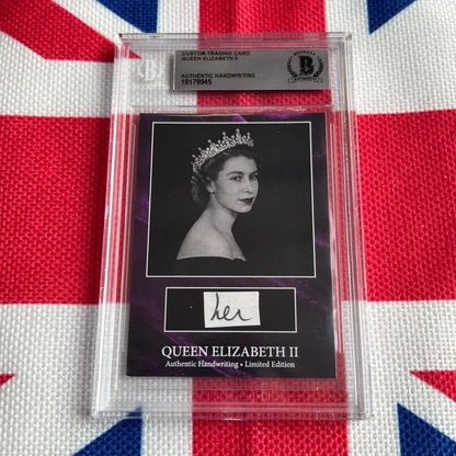 Beckett-authenticated Queen Elizabeth II trading card with black and white portrait and handwritten words