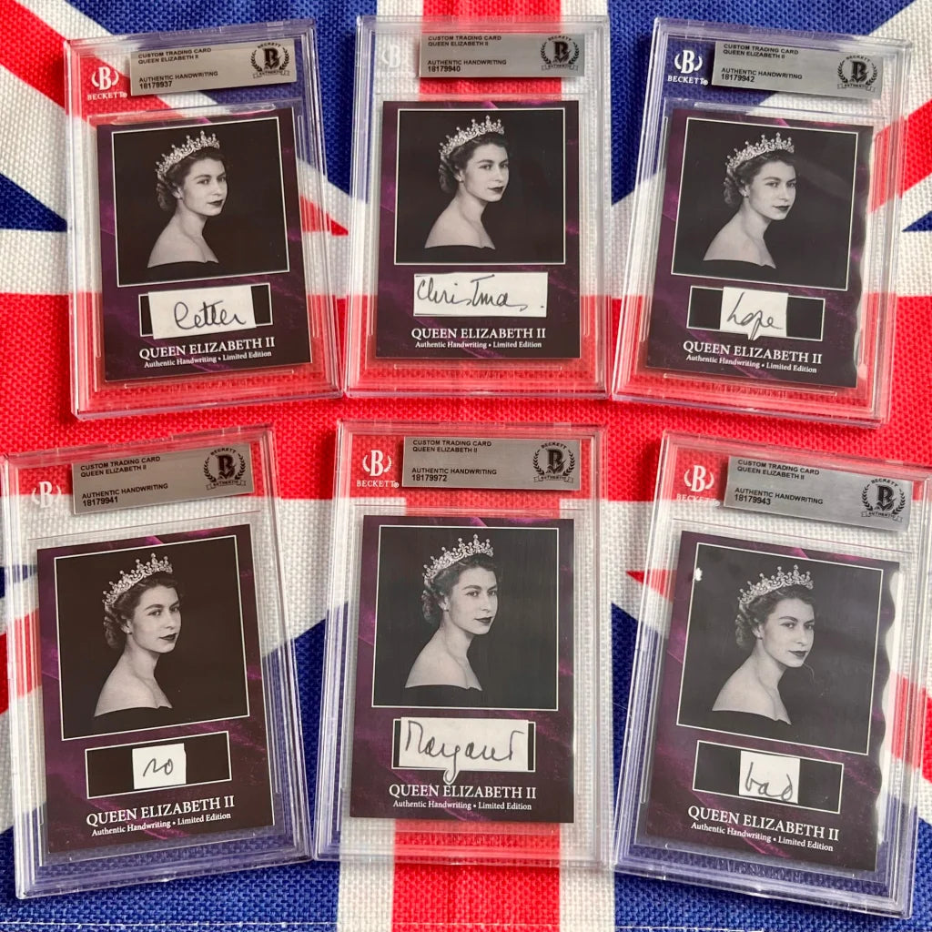 Six graded Queen Elizabeth II commemorative trading cards with Elizabeth II words featuring the British monarch