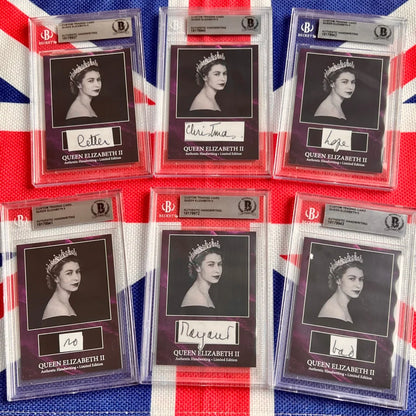 Six graded Queen Elizabeth II commemorative trading cards with Elizabeth II words featuring the British monarch