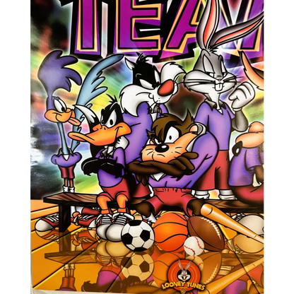 Colorful rare retro 1990s Looney Tunes Toon Team sports poster with characters in athletic gear