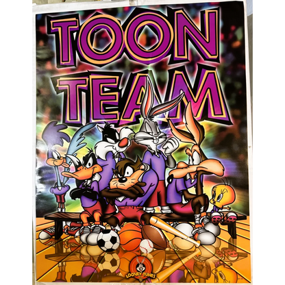 Colorful rare retro 1990s Looney Tunes Toon Team sports poster with characters in athletic gear