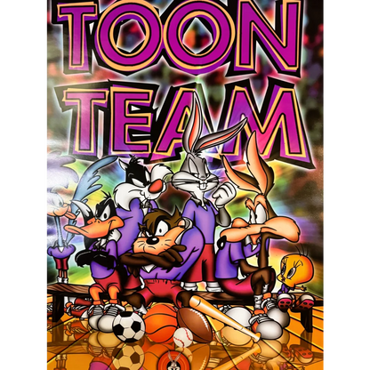 Colorful rare retro 1990s Looney Tunes Toon Team sports poster with characters in athletic gear