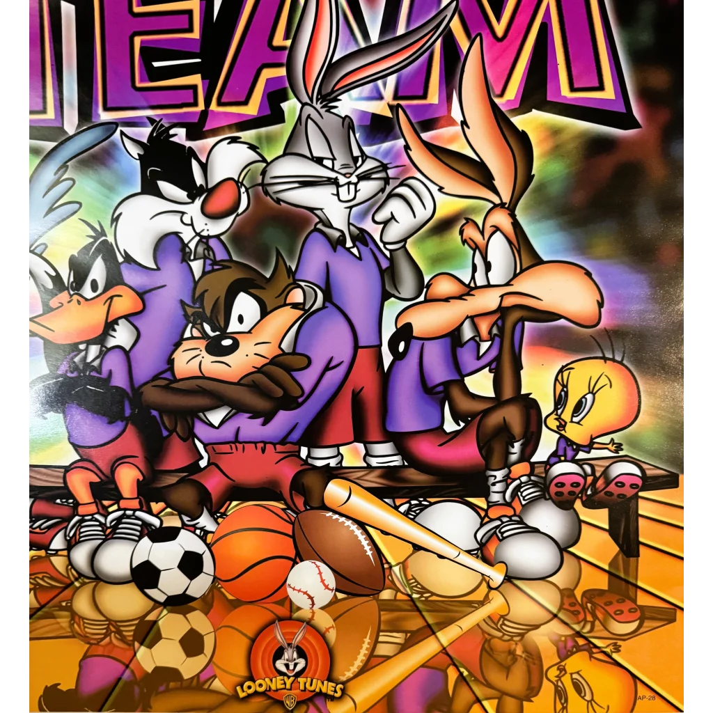 Rare retro 1990s Looney Tunes toon team sports poster with characters in purple shirts and sports gear