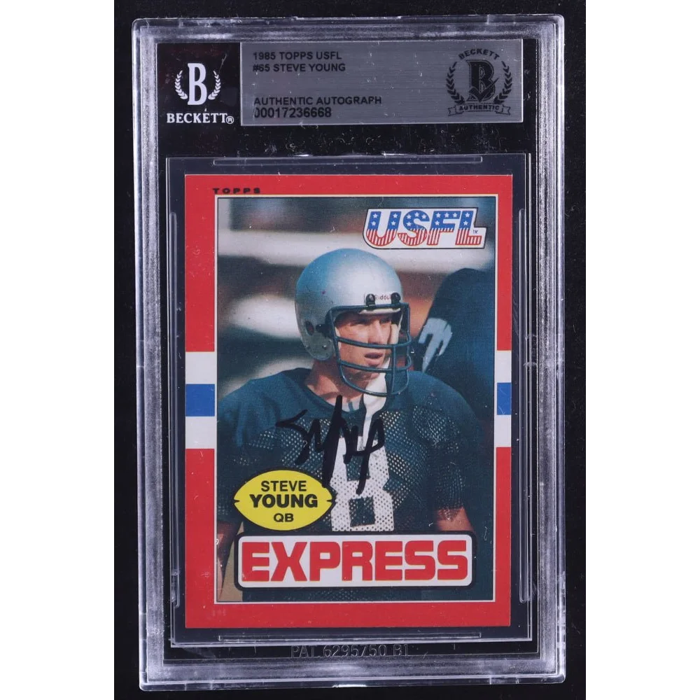 Rare Steve Young signed 1986 Topps USFL football card with autographed 1985 Topps USFL football card