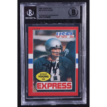 Rare Steve Young signed 1986 Topps USFL football card with autographed 1985 Topps USFL football card