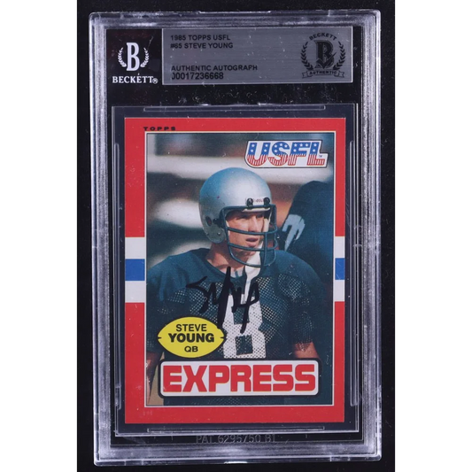 Rare Steve Young signed 1986 Topps USFL football card with autographed 1985 Topps USFL football card