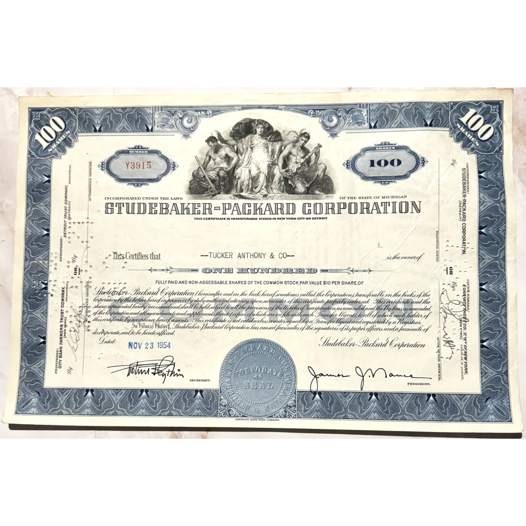 Stock certificate of the Studebaker-Packard Corporation from the 1950s in blue design